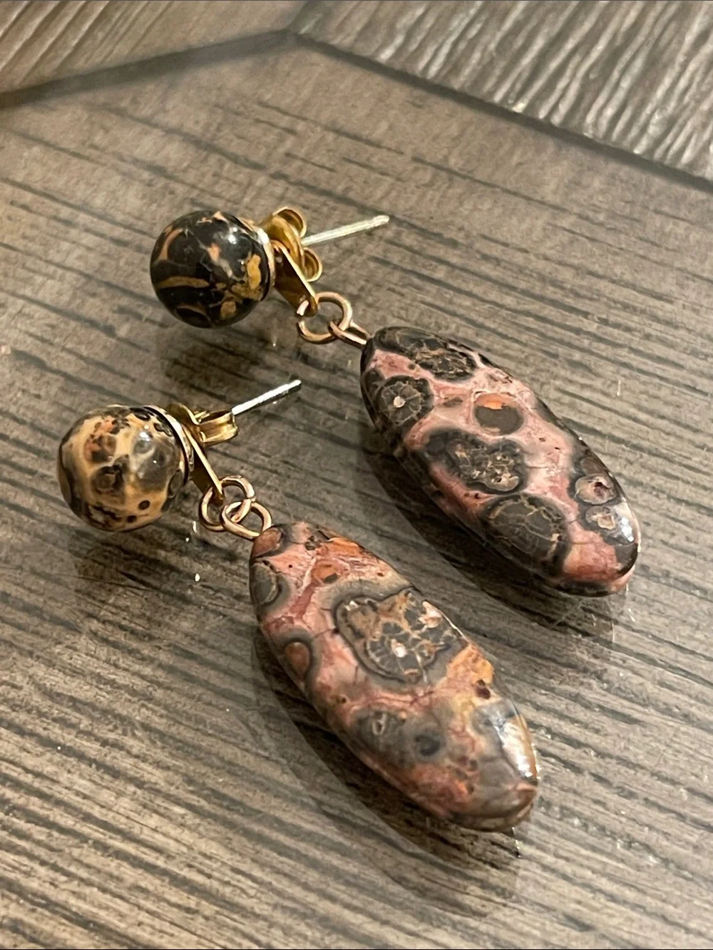 Vintage Leopard Skin Jasper Oval Dangle Drop Earrings Ball/Post Convertible